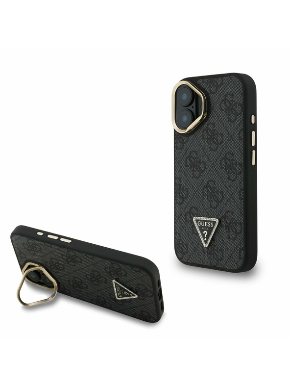 Guess Guess PU 4G Strass триъгълен лого стойка Camera Frame MagSafe заден калъф за iPhone 16 черен