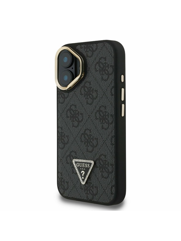 Guess Guess PU 4G Strass триъгълен лого стойка Camera Frame MagSafe заден калъф за iPhone 16 черен