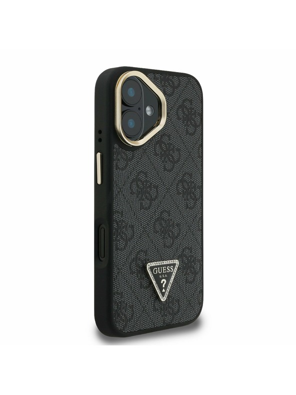 Guess Guess PU 4G Strass триъгълен лого стойка Camera Frame MagSafe заден калъф за iPhone 16 черен