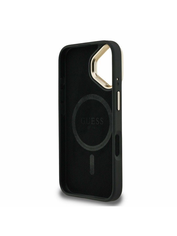 Guess Guess PU 4G Strass триъгълен лого стойка Camera Frame MagSafe заден калъф за iPhone 16 черен