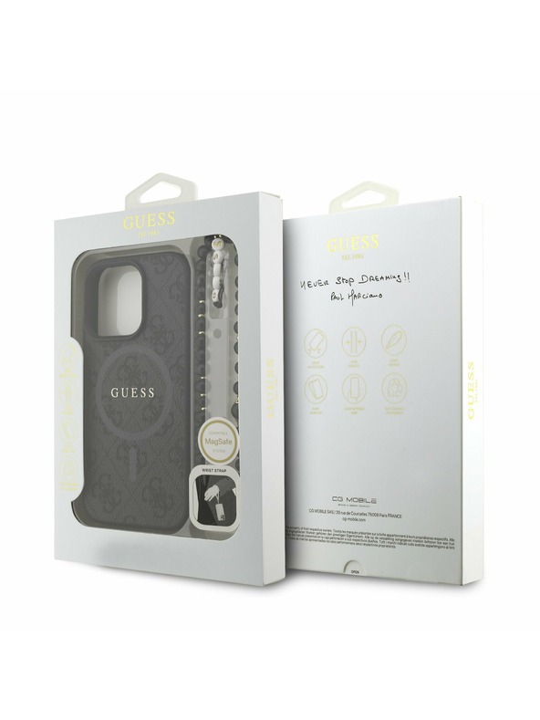 Guess Guess PU кожен 4G цветен пръстен каишка MagSafe заден калъф за iPhone 16 Pro Max черен