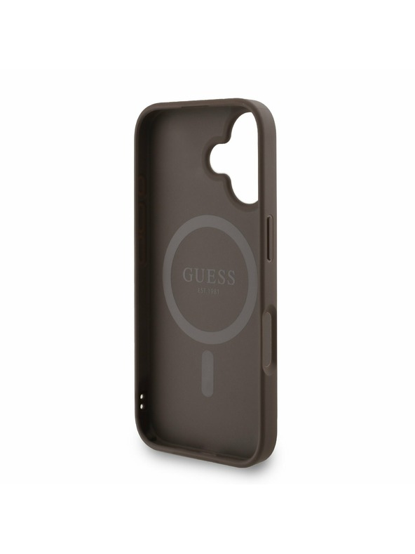 Guess Guess PU кожен 4G цветен пръстен каишка MagSafe заден калъф за iPhone 16 кафяв