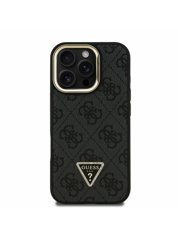 Guess Guess PU 4G Strass Triangle Logo Stand Camera Frame MagSafe Заден калъф за iPhone 16 Pro Max Black