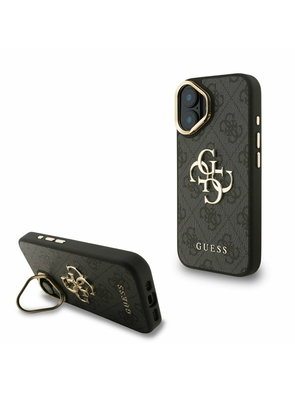 Guess Guess PU 4G Metal Logo Stand Camera Frame Заден калъф за iPhone 16 Black