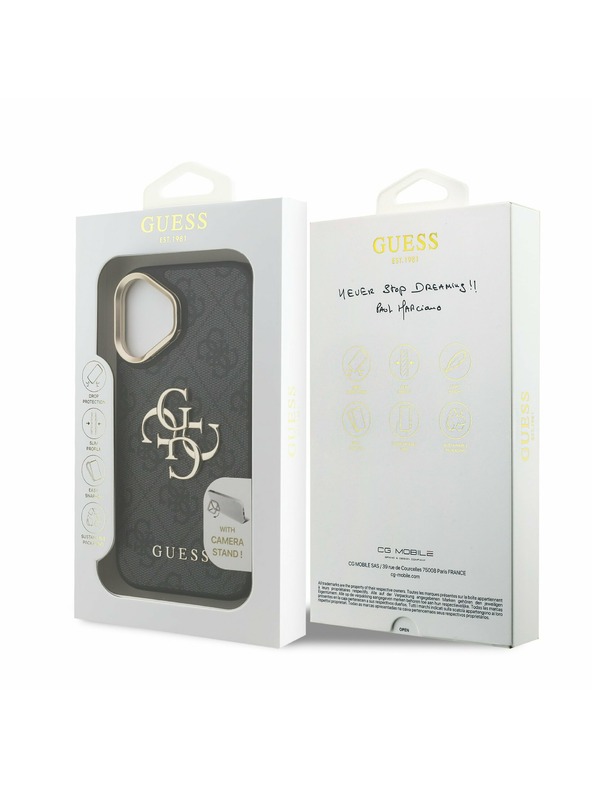 Guess Guess PU 4G Metal Logo Stand Camera Frame Заден калъф за iPhone 16 Black