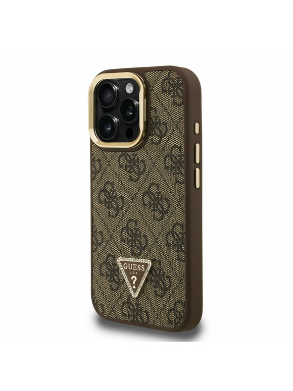 Guess Guess PU 4G Strass Triangle Logo Stand Camera Frame MagSafe Заден калъф за iPhone 15 Pro Max Brown