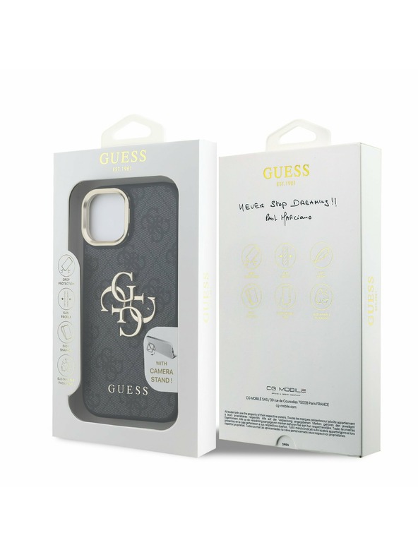 Guess Guess PU 4G Metal Logo Stand Camera Frame Заден калъф за iPhone 15 Black