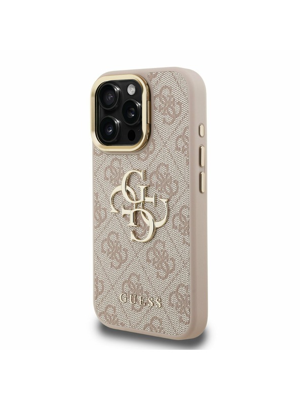 Guess Guess PU 4G Metal Logo Stand Camera Frame Заден калъф за iPhone 16 Pro Max Pink