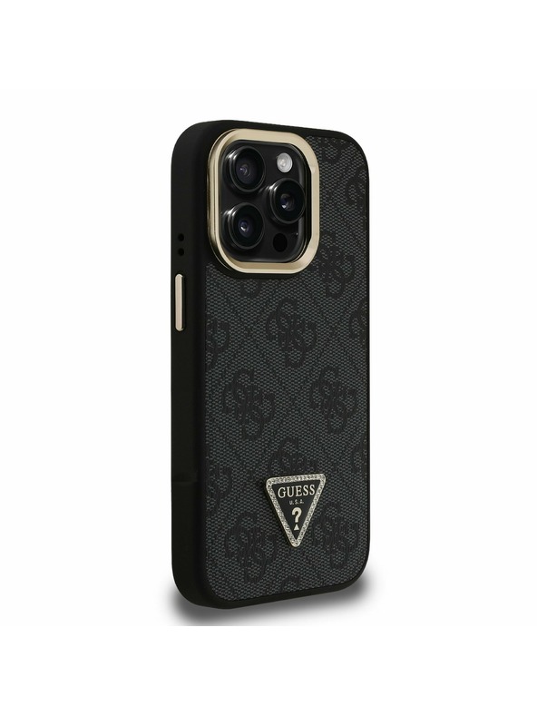 Guess Guess PU 4G Strass Triangle Logo Stand Camera Frame MagSafe Заден калъф за iPhone 15 Pro Black