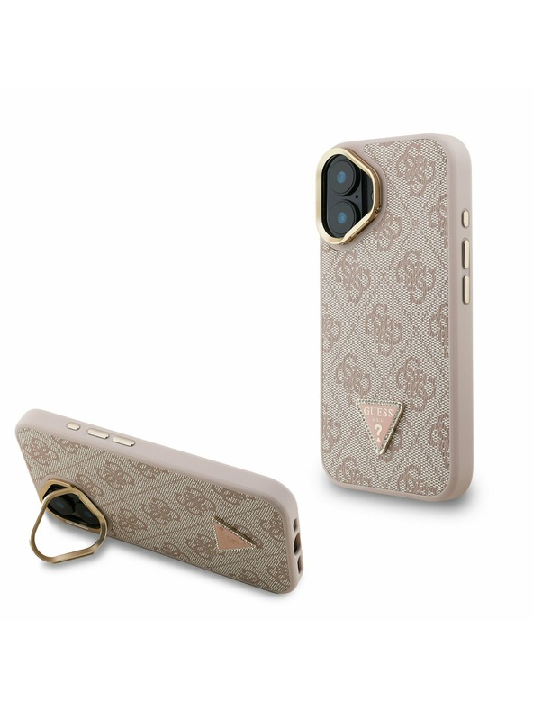 Guess Guess PU 4G Strass Triangle Logo Stand Camera Frame MagSafe Заден калъф за iPhone 16 Pink