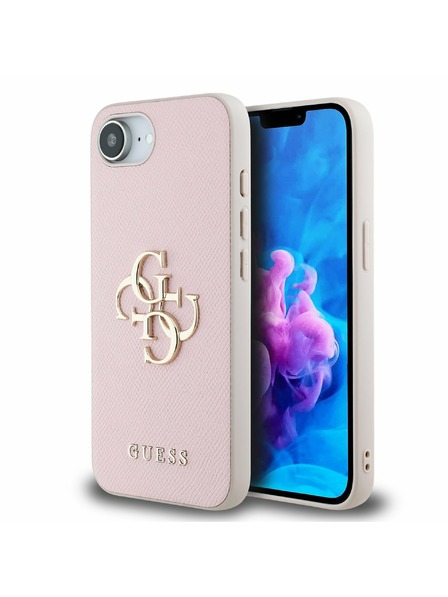 Guess Guess PU Зърнест 4G Метален лого Заден капак за iPhone 16e Розов