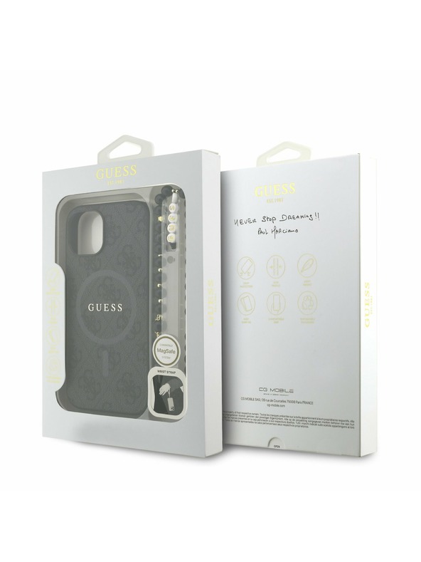 Guess Guess PU Кожен 4G Цветен пръстен с каишка MagSafe Заден капак за iPhone 14 Черен