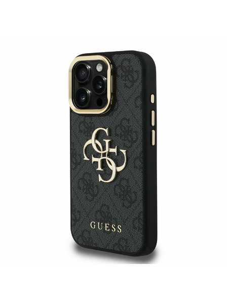 Guess Guess PU 4G Метален лого Стойка за камера Заден капак за iPhone 15 Pro Max Черен