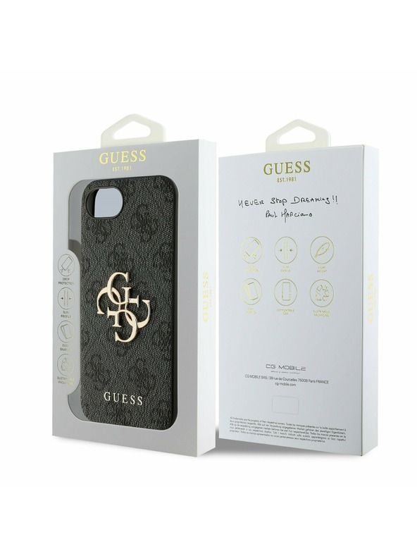 Guess Guess PU 4G Метален лого Заден капак за iPhone 16e Сив
