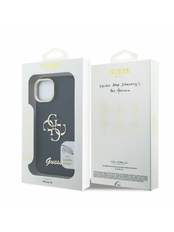 Guess Guess PU Grained 4G Logo Stand Camera Frame Заден калъф за iPhone 15 Black
