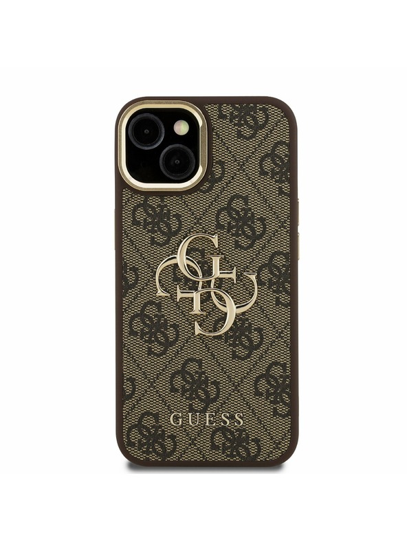 Guess Guess PU 4G Metal Logo Stand Camera Frame Заден калъф за iPhone 15 Brown