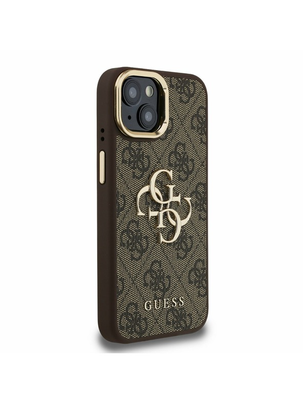 Guess Guess PU 4G Metal Logo Stand Camera Frame Заден калъф за iPhone 15 Brown