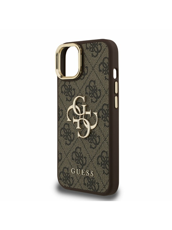Guess Guess PU 4G Metal Logo Stand Camera Frame Заден калъф за iPhone 15 Brown