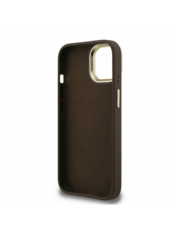 Guess Guess PU 4G Metal Logo Stand Camera Frame Заден калъф за iPhone 15 Brown