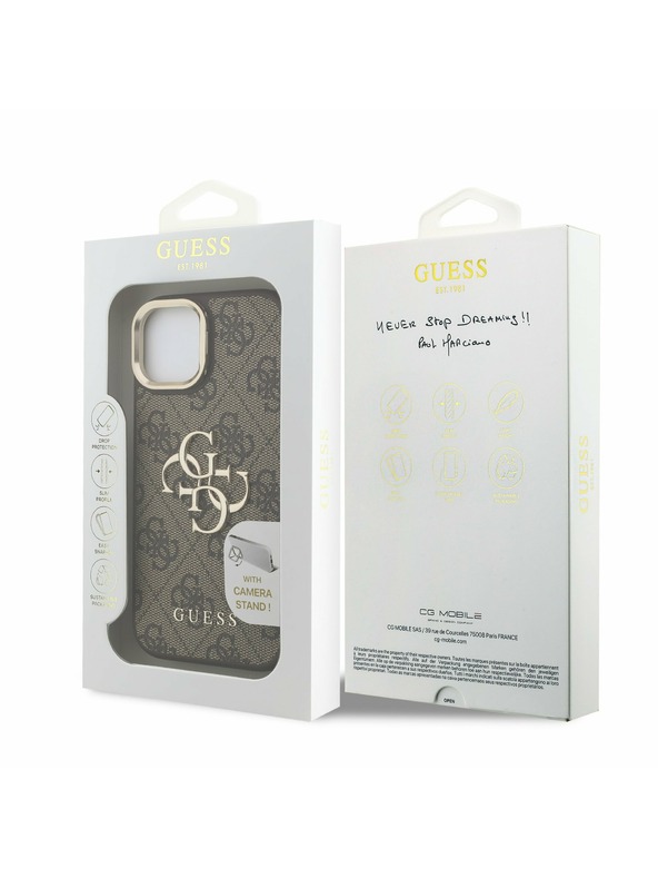 Guess Guess PU 4G Metal Logo Stand Camera Frame Заден калъф за iPhone 15 Brown
