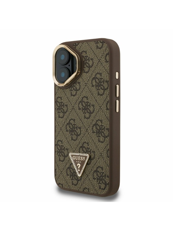 Guess Guess PU 4G Strass Triangle Logo Stand Camera Frame MagSafe Заден калъф за iPhone 16 Brown