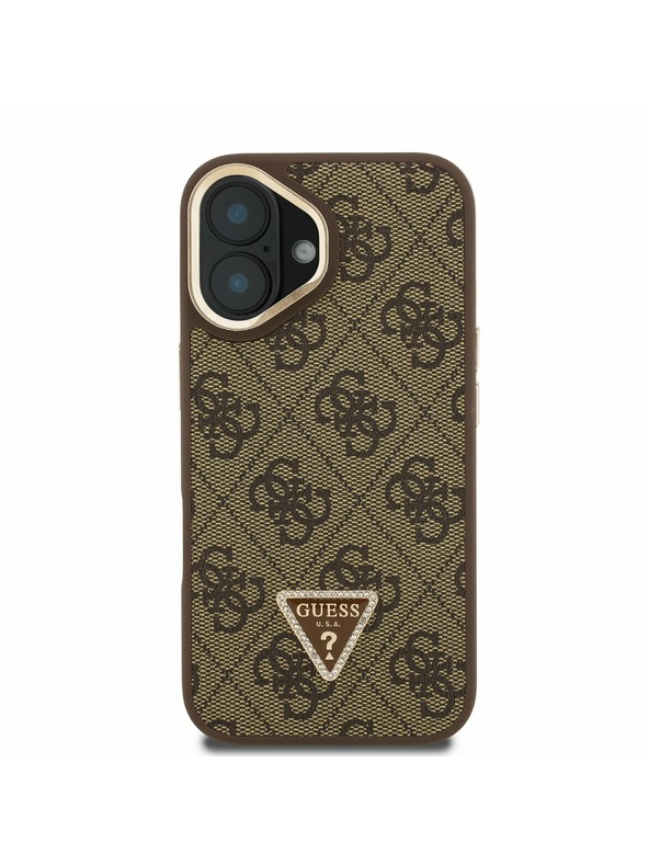 Guess Guess PU 4G Strass Triangle Logo Stand Camera Frame MagSafe Заден калъф за iPhone 16 Brown
