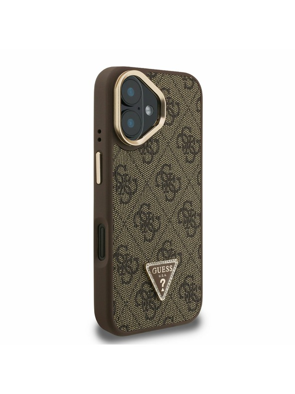 Guess Guess PU 4G Strass Triangle Logo Stand Camera Frame MagSafe Заден калъф за iPhone 16 Brown