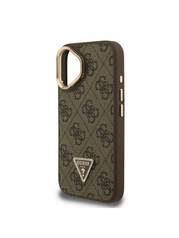 Guess Guess PU 4G Strass Triangle Logo Stand Camera Frame MagSafe Заден калъф за iPhone 16 Brown