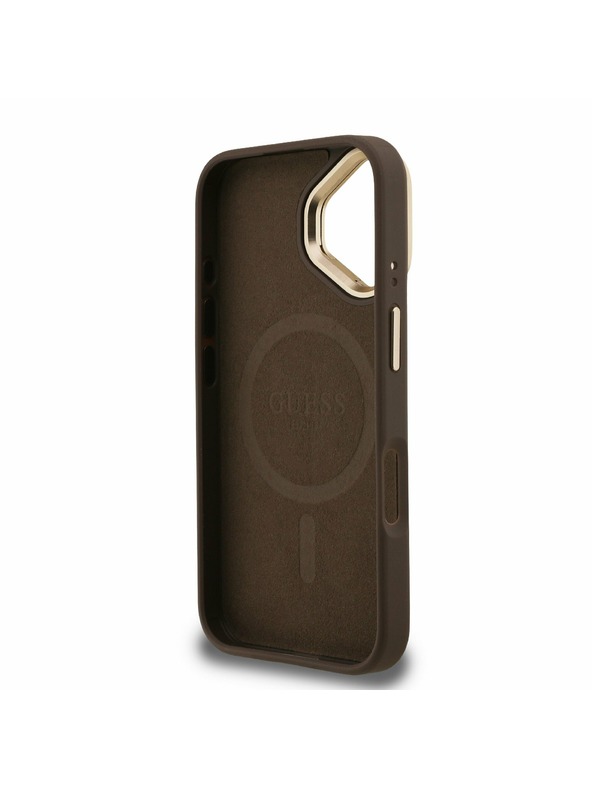 Guess Guess PU 4G Strass Triangle Logo Stand Camera Frame MagSafe Заден калъф за iPhone 16 Brown