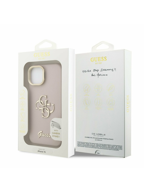 Guess Guess PU Grained 4G Logo Stand Camera Frame Заден калъф за iPhone 15 Pink