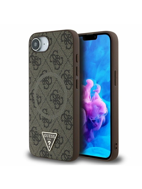 Guess Guess PU 4G Strass Triangle Metal Logo Заден калъф за iPhone 16e Brown