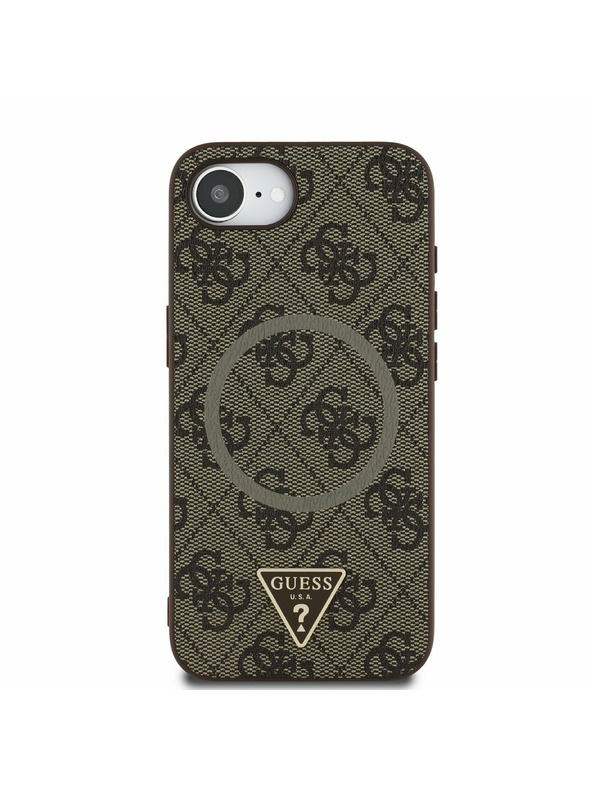Guess Guess PU 4G Strass Triangle Metal Logo Заден калъф за iPhone 16e Brown