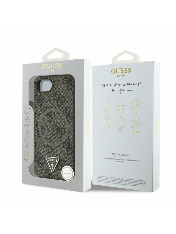 Guess Guess PU 4G Strass Triangle Metal Logo Заден калъф за iPhone 16e Brown