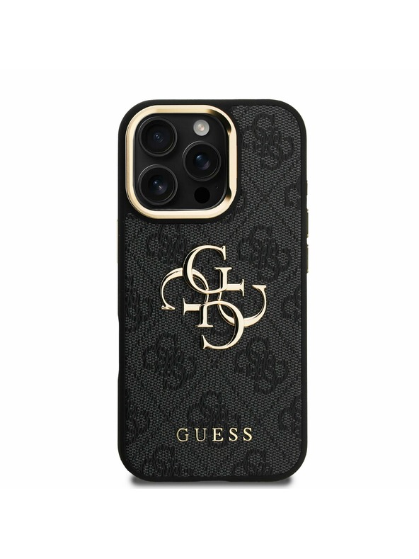 Guess Guess PU 4G Metal Logo Stand Camera Frame Заден калъф за iPhone 16 Pro Max Black