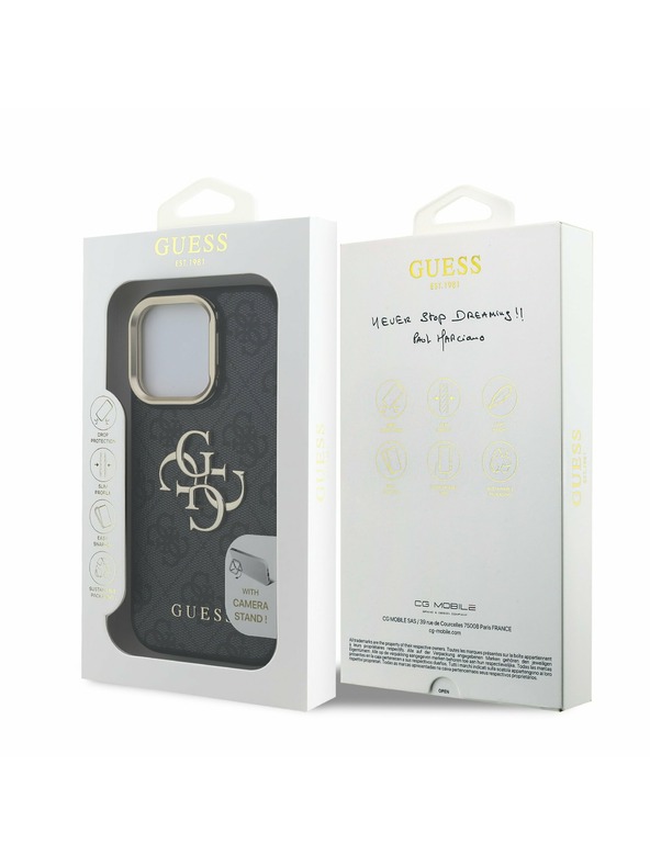 Guess Guess PU 4G Metal Logo Stand Camera Frame Заден калъф за iPhone 16 Pro Max Black