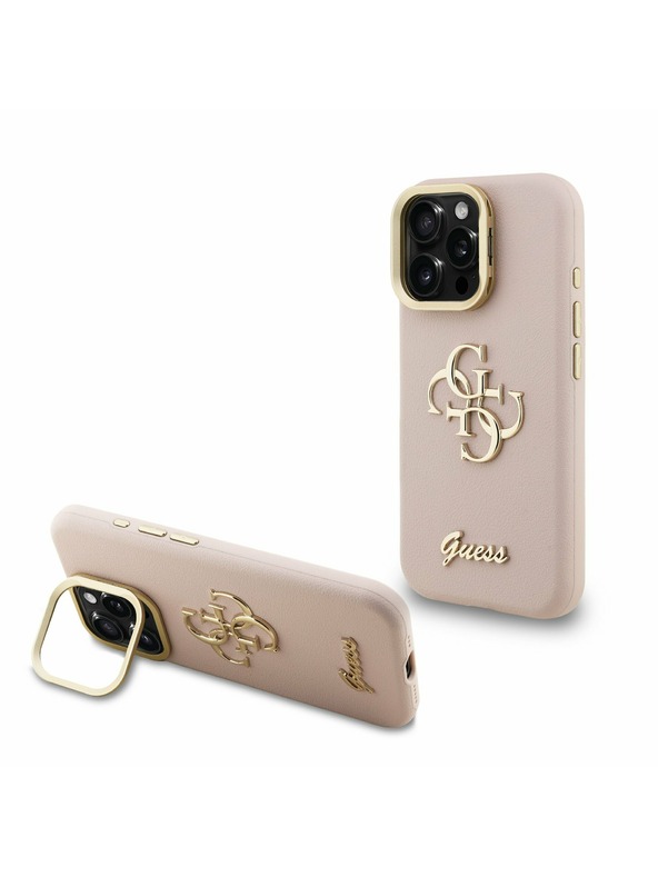 Guess Guess PU Grained 4G Logo Stand Camera Frame Заден калъф за iPhone 15 Pro Pink