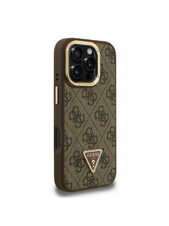 Guess Guess PU 4G Strass Triangle Logo Stand Camera Frame MagSafe Заден калъф за iPhone 16 Pro Max Brown