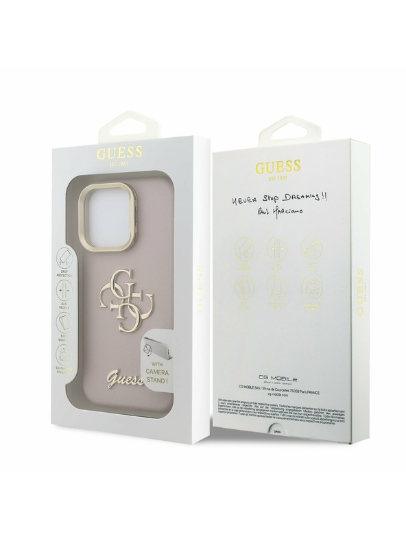 Guess Guess PU Grained 4G Logo Stand Camera Frame Заден калъф за iPhone 15 Pro Max Pink