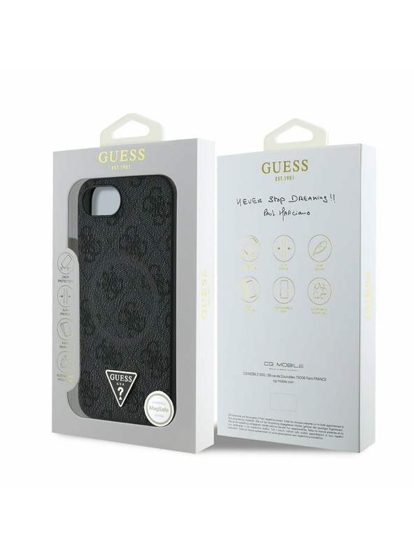Guess Guess PU 4G Strass Triangle Metal Logo Заден калъф за iPhone 16e Black