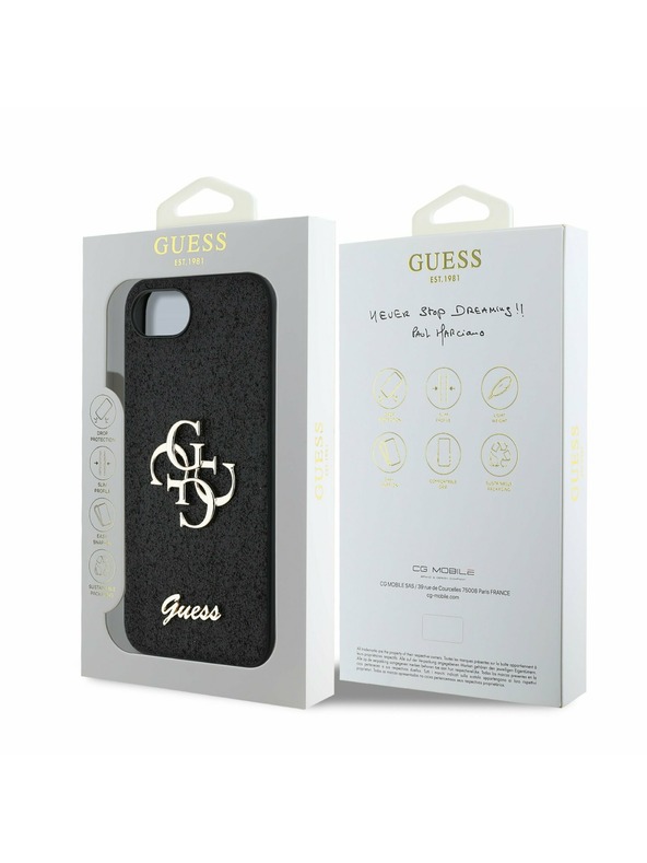 Guess Guess PU Fixed Glitter 4G Metal Logo Заден калъф за iPhone 16e Black