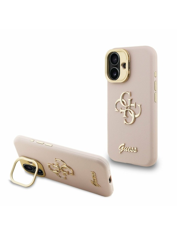Guess Guess PU Grained 4G Logo Stand Camera Frame Заден калъф за iPhone 16 Pink
