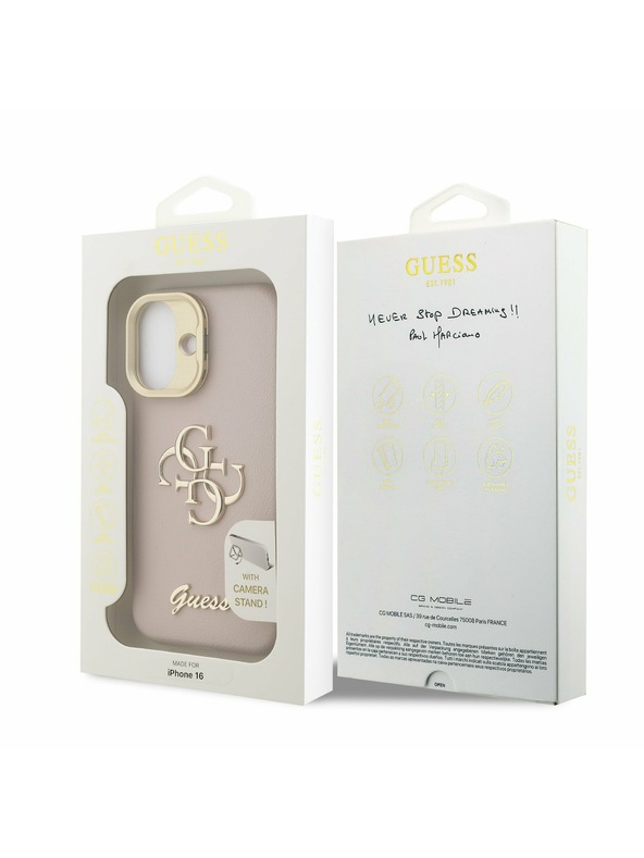 Guess Guess PU Grained 4G Logo Stand Camera Frame Заден калъф за iPhone 16 Pink