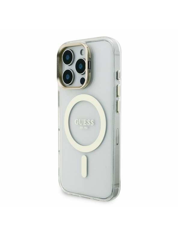 Guess Guess PC/TPU Electroplated Stand Camera Frame MagSafe Заден калъф с Подменяем Фон за iPhone 16 Pro