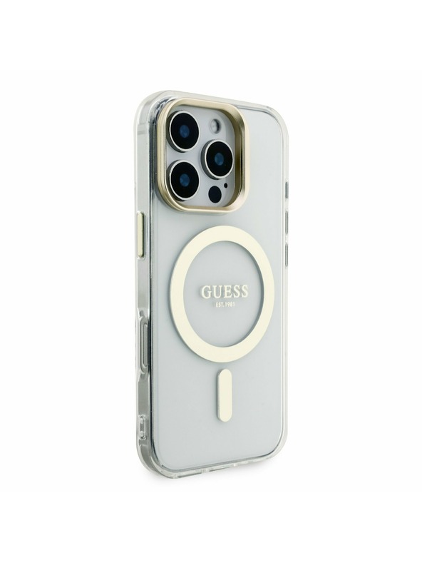 Guess Guess PC/TPU Electroplated Stand Camera Frame MagSafe Заден калъф с Подменяем Фон за iPhone 16 Pro