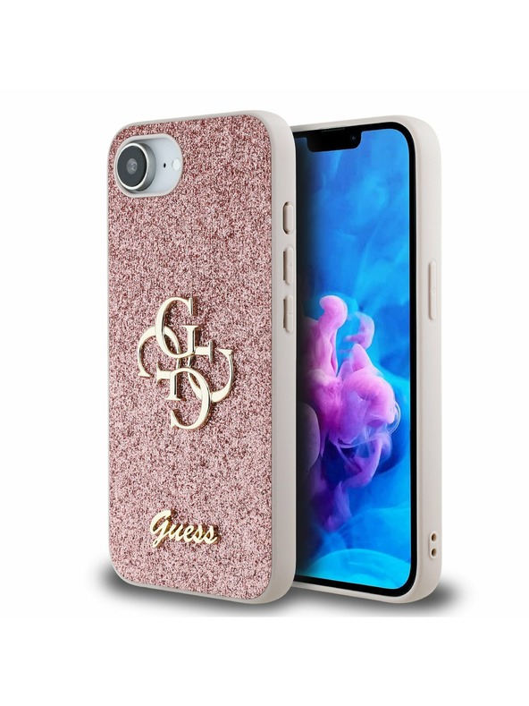 Guess Guess PU Fixed Glitter 4G Metal Logo Заден калъф за iPhone 16e Pink
