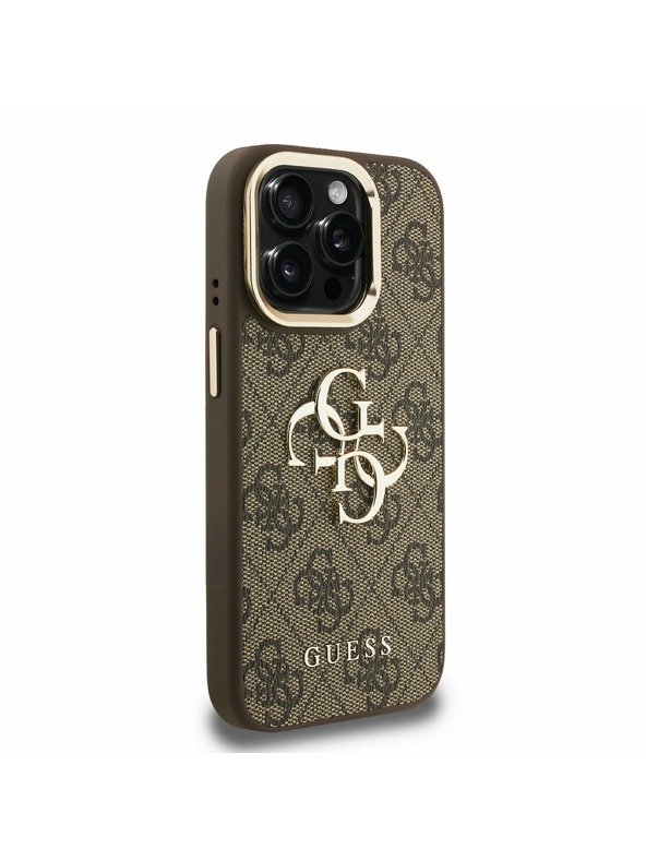 Guess Guess PU 4G Метален лого Stand Camera Frame Заден капак за iPhone 15 Pro Кафяв