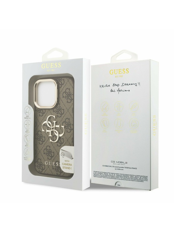 Guess Guess PU 4G Метален лого Stand Camera Frame Заден капак за iPhone 15 Pro Кафяв