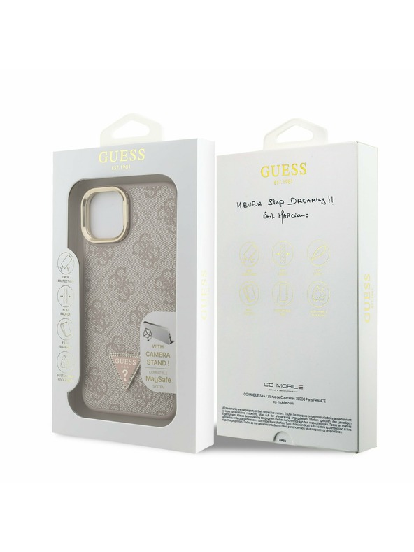 Guess Guess PU 4G Strass Триъгълен лого Stand Camera Frame MagSafe Заден капак за iPhone 13 Розов