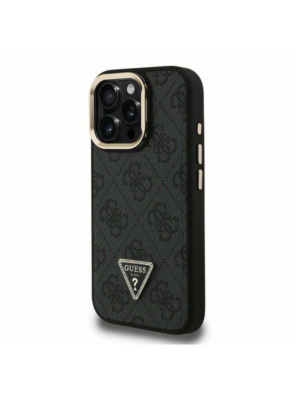 Guess Guess PU 4G Strass Триъгълен лого Stand Camera Frame MagSafe Заден капак за iPhone 15 Pro Max Черен