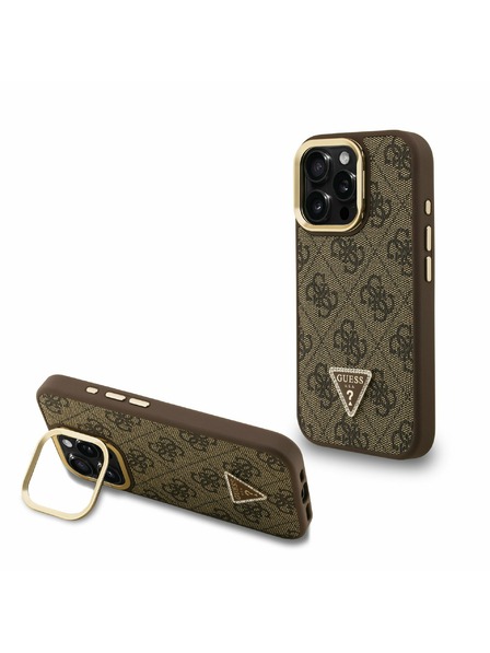 Guess Guess PU 4G Strass Триъгълен лого Stand Camera Frame MagSafe Заден капак за iPhone 15 Pro Кафяв